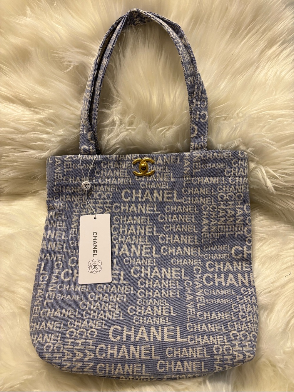 Chic Blue and White Logo Canvas Tote with Gold Twist Lock